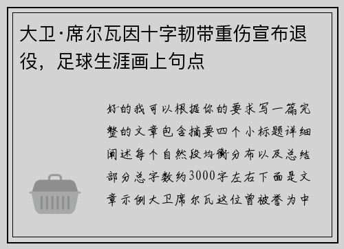 大卫·席尔瓦因十字韧带重伤宣布退役，足球生涯画上句点